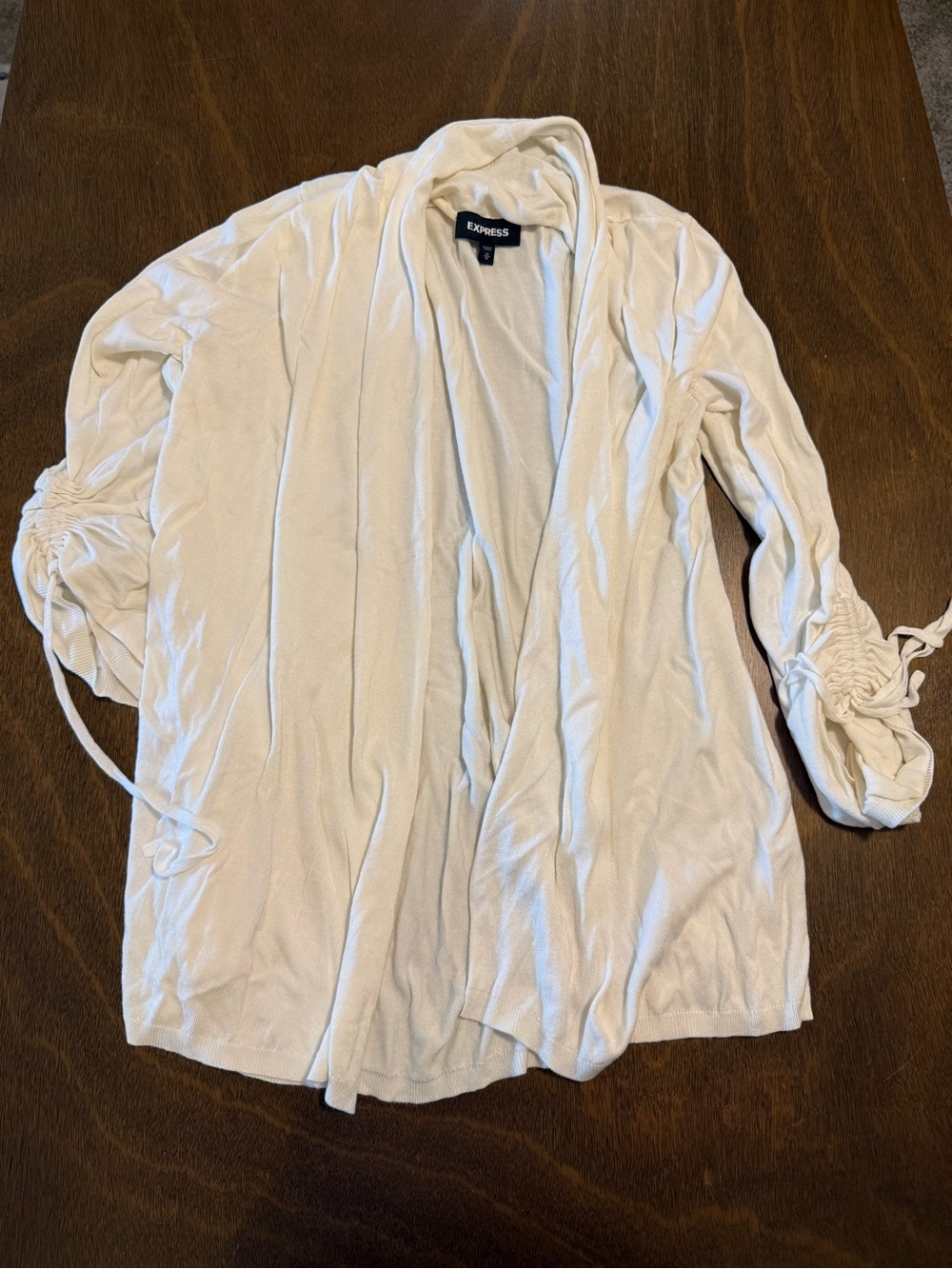 Express Cream Open-Front Ruched Sleeve Cardigan - Picture 1 of 5